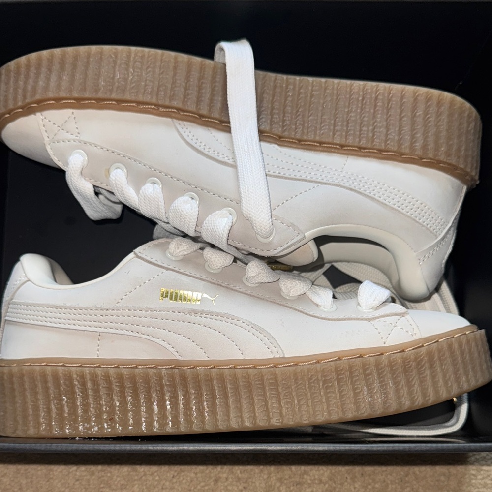 Puma Fenty White and Gold Sneakers with Brown Sole